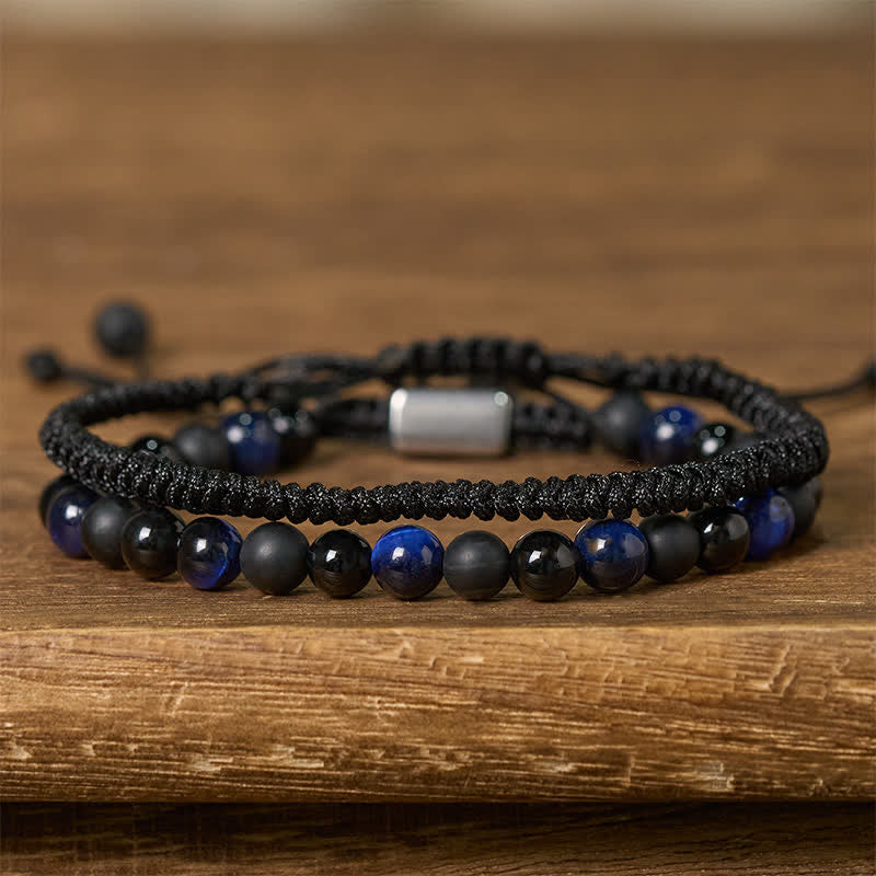 Nimara Ritual 2Pcs Natural Tiger Eye Black Obsidian Protection String Bracelet