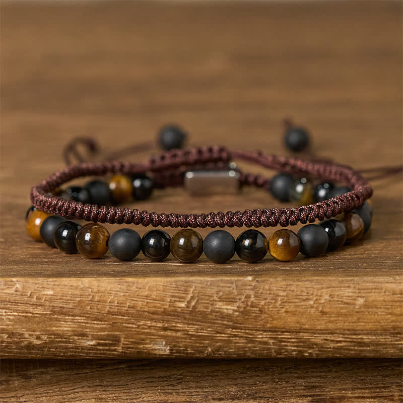 Nimara Ritual 2Pcs Natural Tiger Eye Black Obsidian Protection String Bracelet
