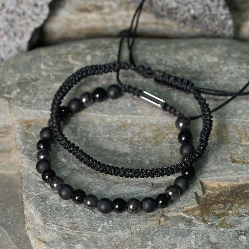 Nimara Ritual 2Pcs Natural Tiger Eye Black Obsidian Protection String Bracelet
