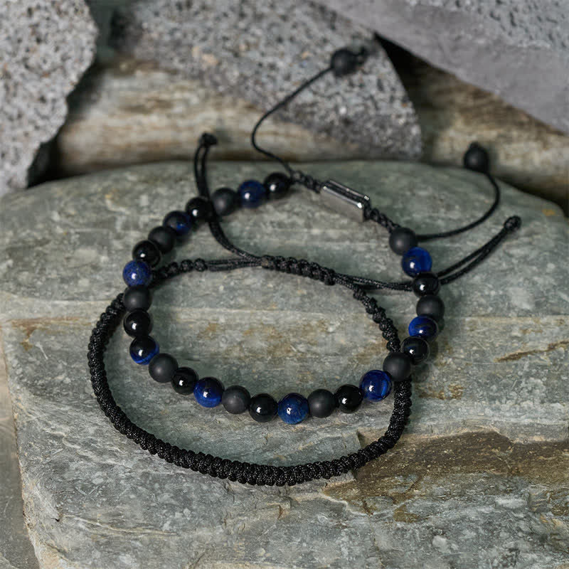 Nimara Ritual 2Pcs Natural Tiger Eye Black Obsidian Protection String Bracelet