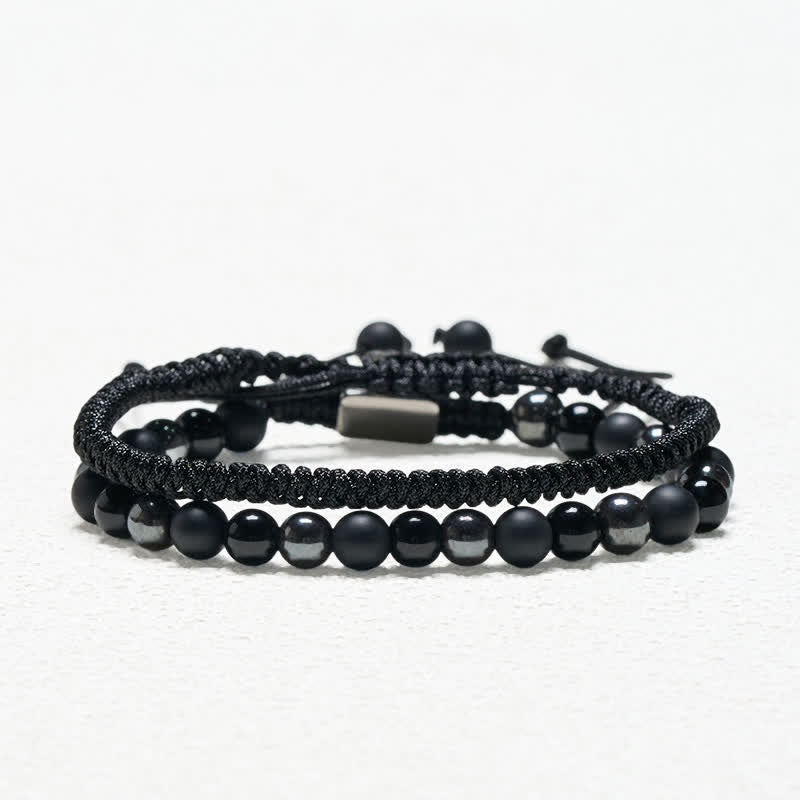 Nimara Ritual 2Pcs Natural Tiger Eye Black Obsidian Protection String Bracelet