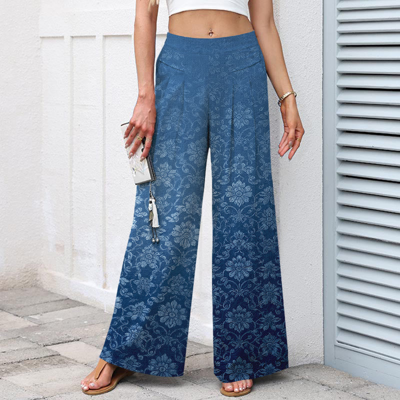 Nimara Ritual Cotton Linen Vintage Floral Pattern Women's Elastic Waist Wide Leg Pants With Pockets