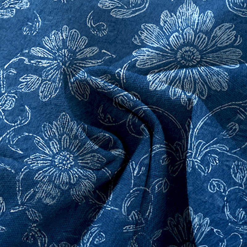 Nimara Ritual Cotton Linen Vintage Floral Pattern Women's Elastic Waist Wide Leg Pants With Pockets