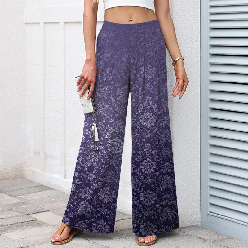 Nimara Ritual Cotton Linen Vintage Floral Pattern Women's Elastic Waist Wide Leg Pants With Pockets