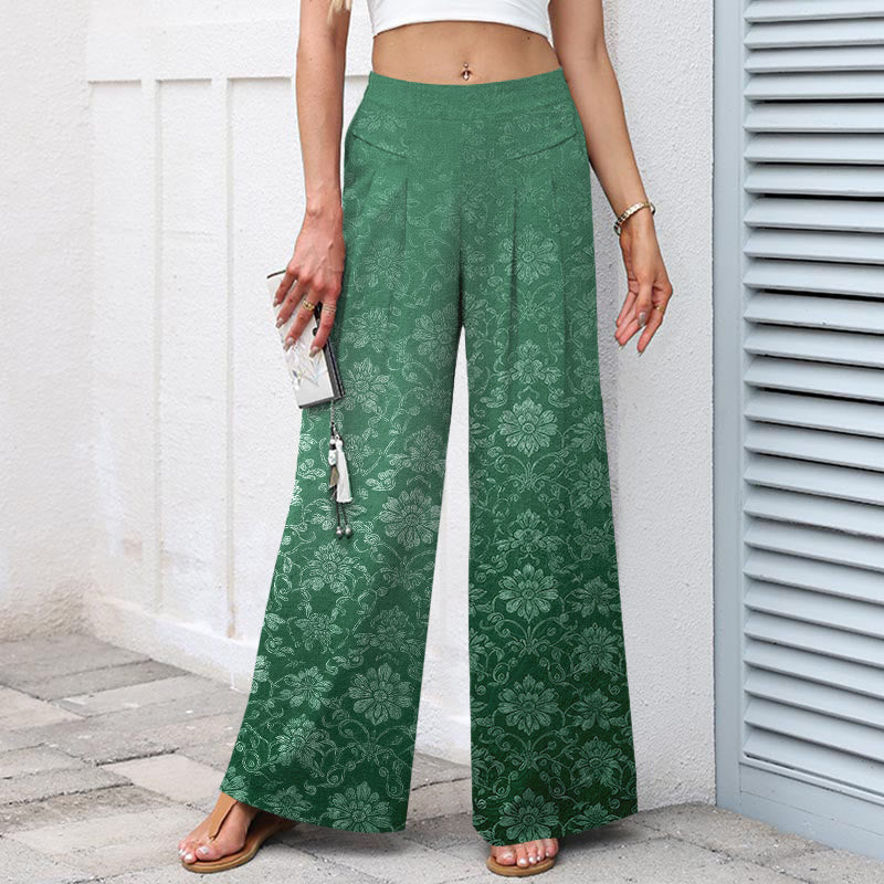 Nimara Ritual Cotton Linen Vintage Floral Pattern Women's Elastic Waist Wide Leg Pants With Pockets
