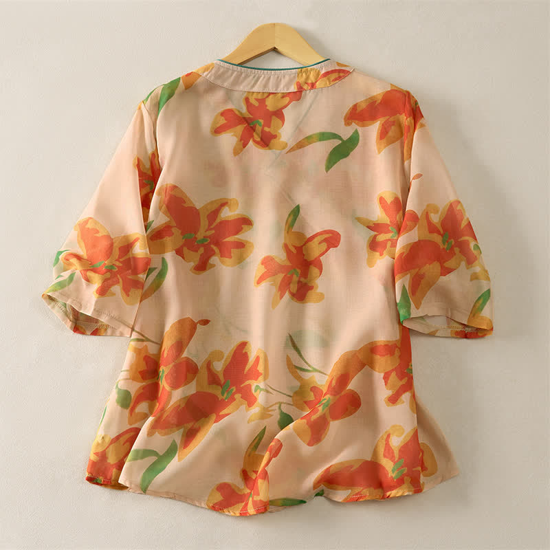 Nimara Ritual Summer Tang Style Floral V-Neck Women's Short Sleeve Shirts