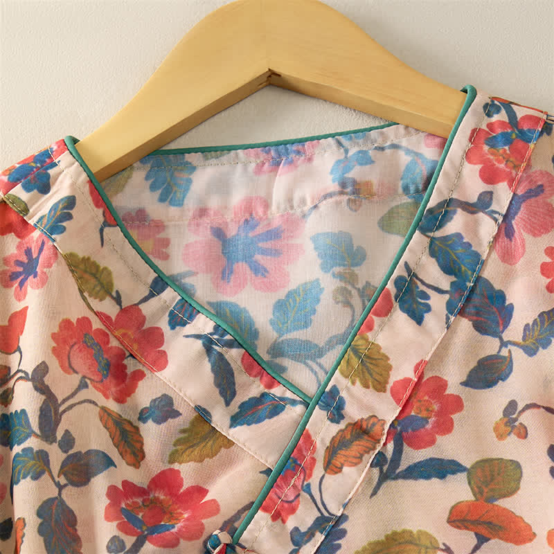 Nimara Ritual Summer Tang Style Floral V-Neck Women's Short Sleeve Shirts