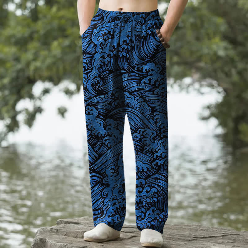 Nimara Ritual Cotton Ocean Wave Pattern Men's Tapered Pants With Pockets
