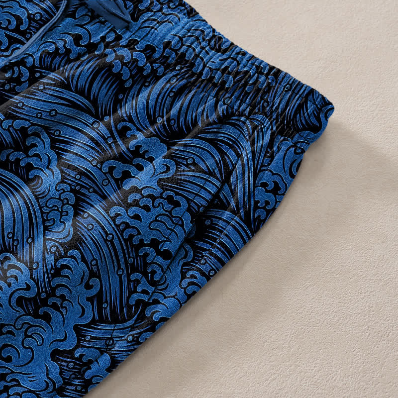 Nimara Ritual Cotton Ocean Wave Pattern Men's Tapered Pants With Pockets