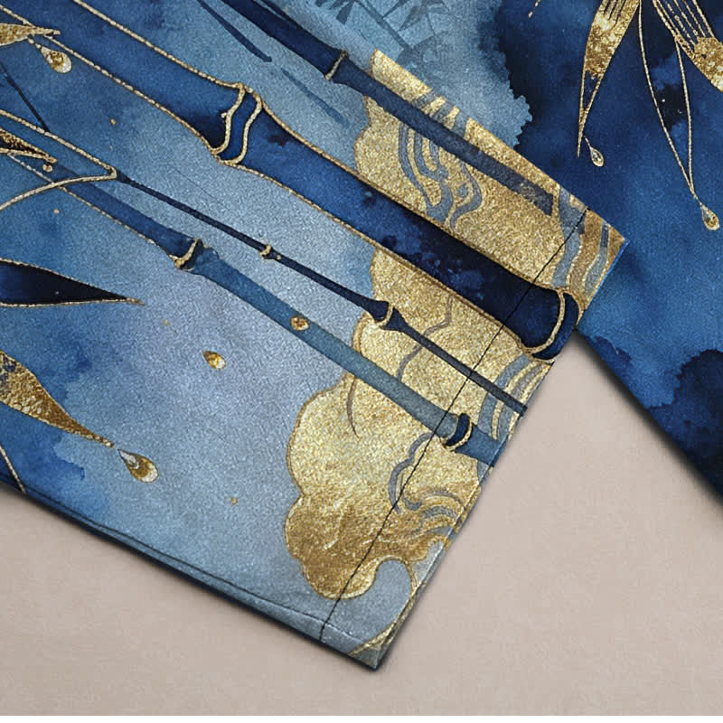 Nimara Ritual Cotton Golden Bamboo Leaf Pattern Men's Tapered Pants With Pockets