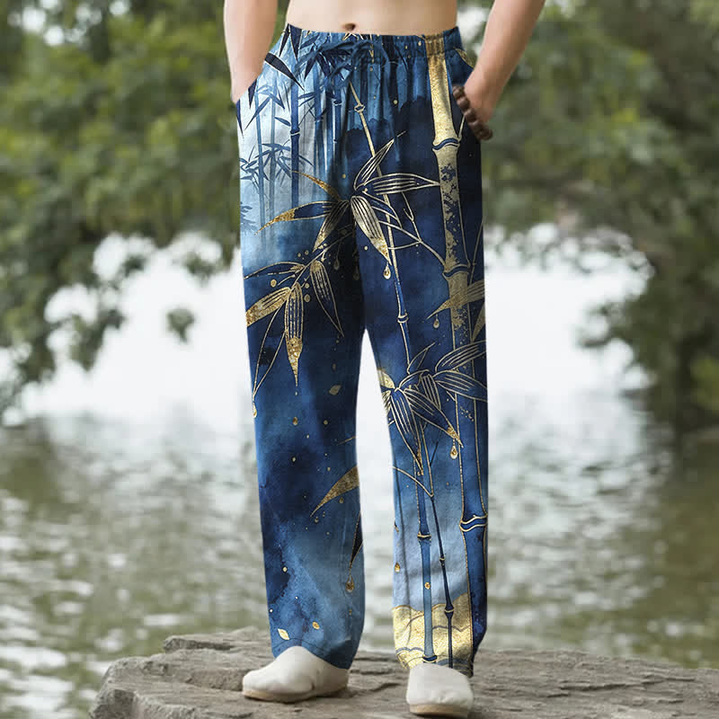 Nimara Ritual Cotton Golden Bamboo Leaf Pattern Men's Tapered Pants With Pockets