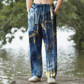Nimara Ritual Cotton Golden Bamboo Leaf Pattern Men's Tapered Pants With Pockets