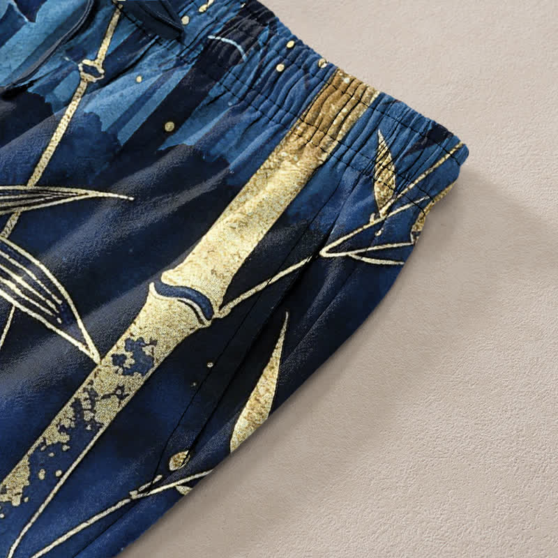 Nimara Ritual Cotton Golden Bamboo Leaf Pattern Men's Tapered Pants With Pockets