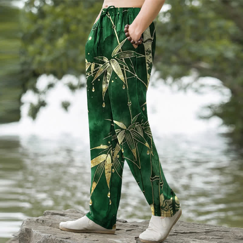 Nimara Ritual Cotton Golden Bamboo Leaf Pattern Men's Tapered Pants With Pockets