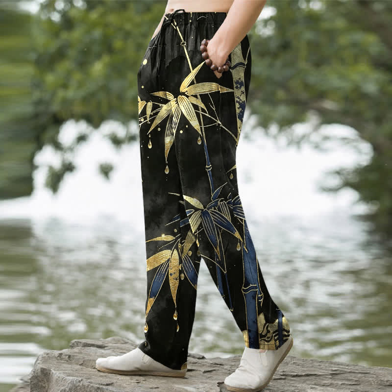 Nimara Ritual Cotton Golden Bamboo Leaf Pattern Men's Tapered Pants With Pockets