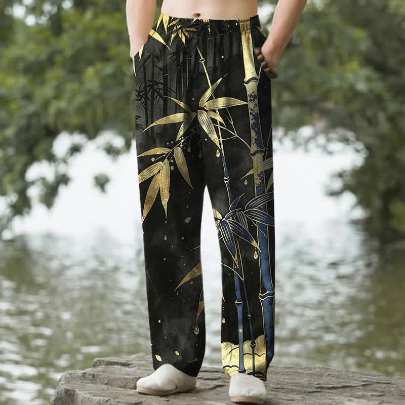 Nimara Ritual Cotton Golden Bamboo Leaf Pattern Men's Tapered Pants With Pockets