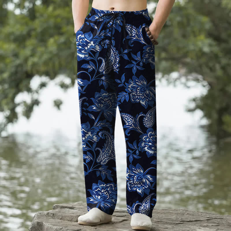 Nimara Ritual Cotton Blue Floral Paisley Pattern Men's Tapered Pants With Pockets