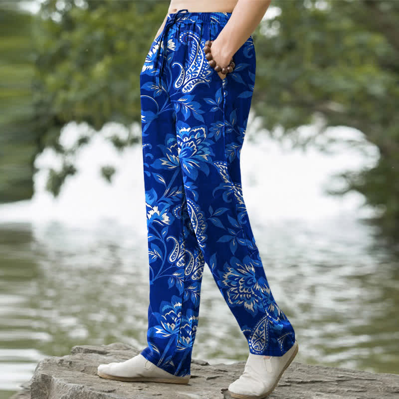 Nimara Ritual Cotton Blue Floral Paisley Pattern Men's Tapered Pants With Pockets