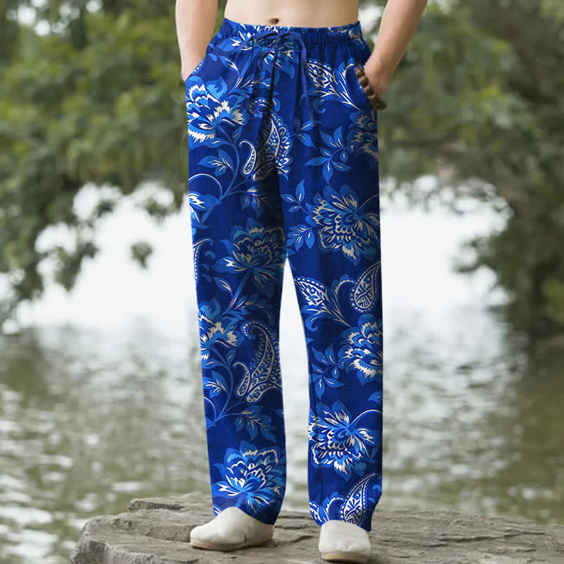 Nimara Ritual Cotton Blue Floral Paisley Pattern Men's Tapered Pants With Pockets