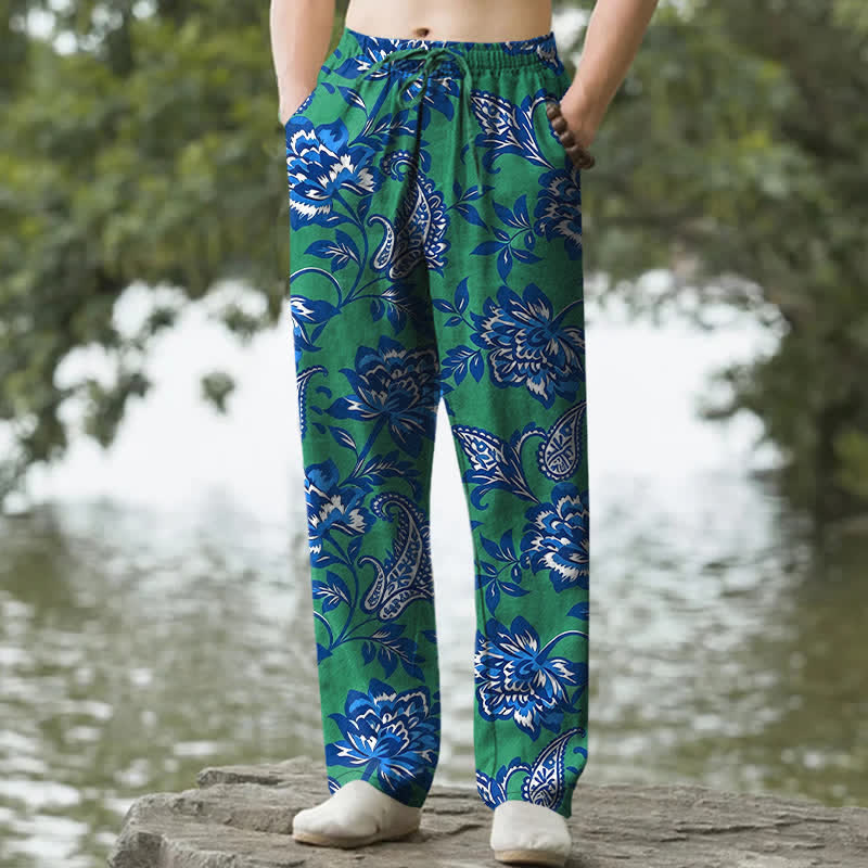 Nimara Ritual Cotton Blue Floral Paisley Pattern Men's Tapered Pants With Pockets