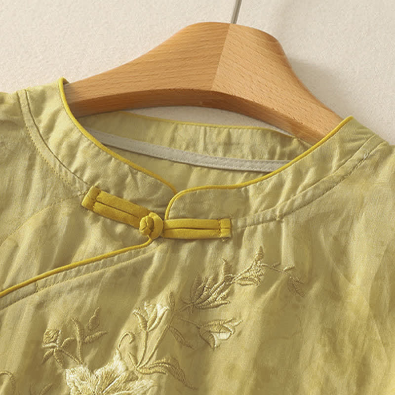 Nimara Ritual Summer Tang Style Embroidery Flowers Mandarin Collar Solid Women's Short Sleeve Shirt