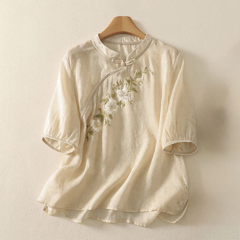 Nimara Ritual Summer Tang Style Embroidery Flowers Mandarin Collar Solid Women's Short Sleeve Shirt