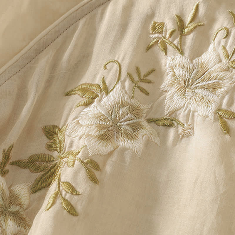 Nimara Ritual Summer Tang Style Embroidery Flowers Mandarin Collar Solid Women's Short Sleeve Shirt