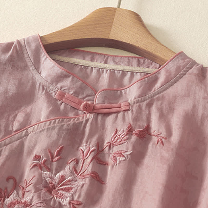 Nimara Ritual Summer Tang Style Embroidery Flowers Mandarin Collar Solid Women's Short Sleeve Shirt