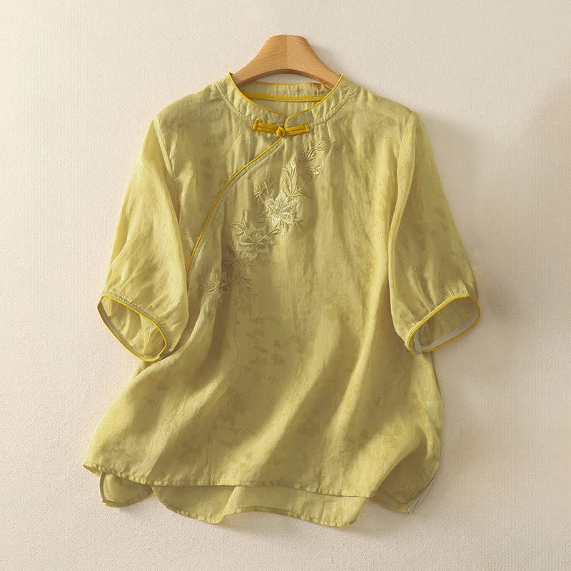 Nimara Ritual Summer Tang Style Embroidery Flowers Mandarin Collar Solid Women's Short Sleeve Shirt