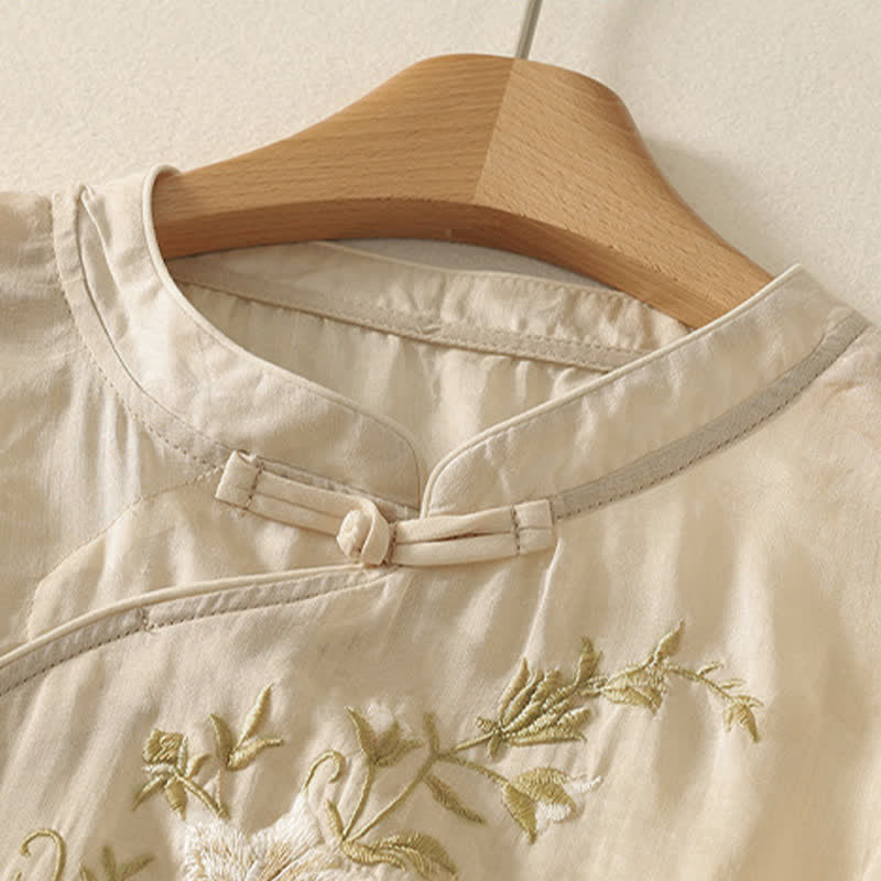 Nimara Ritual Summer Tang Style Embroidery Flowers Mandarin Collar Solid Women's Short Sleeve Shirt