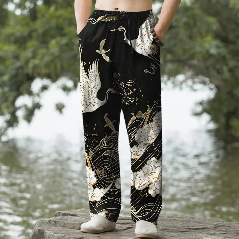 Nimara Ritual Cotton White Crane Wave Pattern Men's Tapered Pants With Pockets
