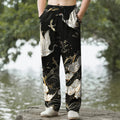 Nimara Ritual Cotton White Crane Wave Pattern Men's Tapered Pants With Pockets