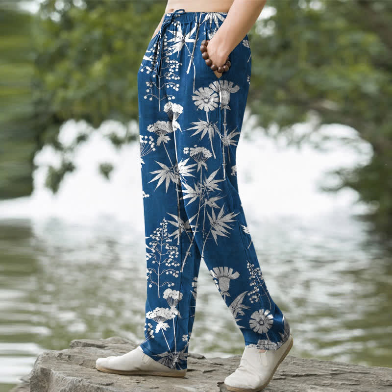 Nimara Ritual Cotton Bamboo Leaf Floral Pattern Men's Tapered Pants With Pockets