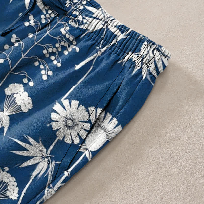 Nimara Ritual Cotton Bamboo Leaf Floral Pattern Men's Tapered Pants With Pockets