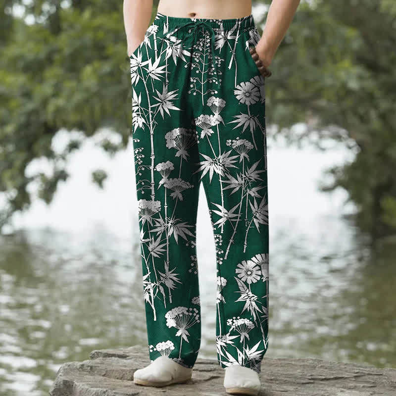 Nimara Ritual Cotton Bamboo Leaf Floral Pattern Men's Tapered Pants With Pockets