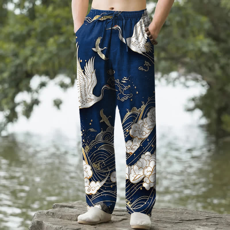 Nimara Ritual Cotton White Crane Wave Pattern Men's Tapered Pants With Pockets