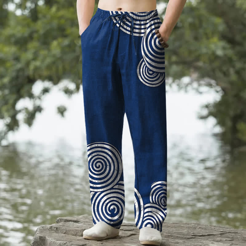 Nimara Ritual Pure Cotton Concentric Circle Pattern Men's Tapered Pants With Pockets
