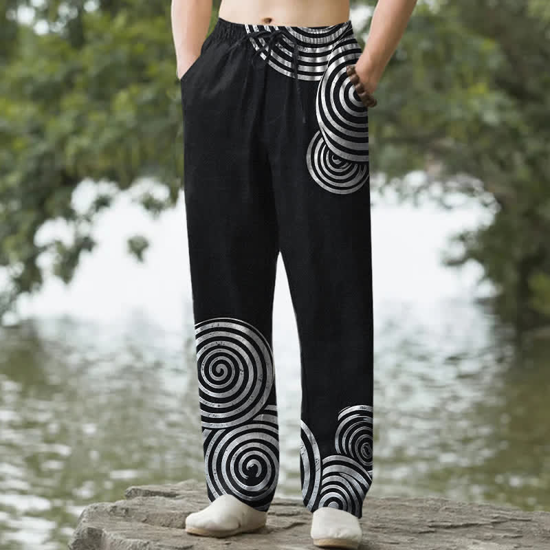 Nimara Ritual Pure Cotton Concentric Circle Pattern Men's Tapered Pants With Pockets