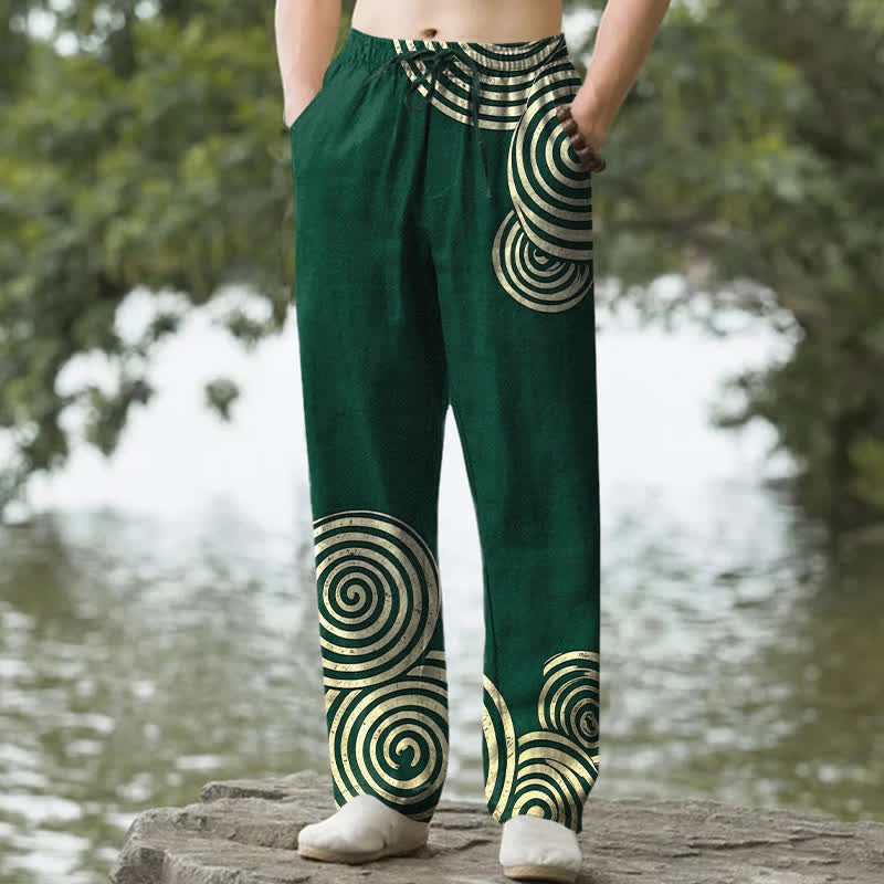 Nimara Ritual Pure Cotton Concentric Circle Pattern Men's Tapered Pants With Pockets