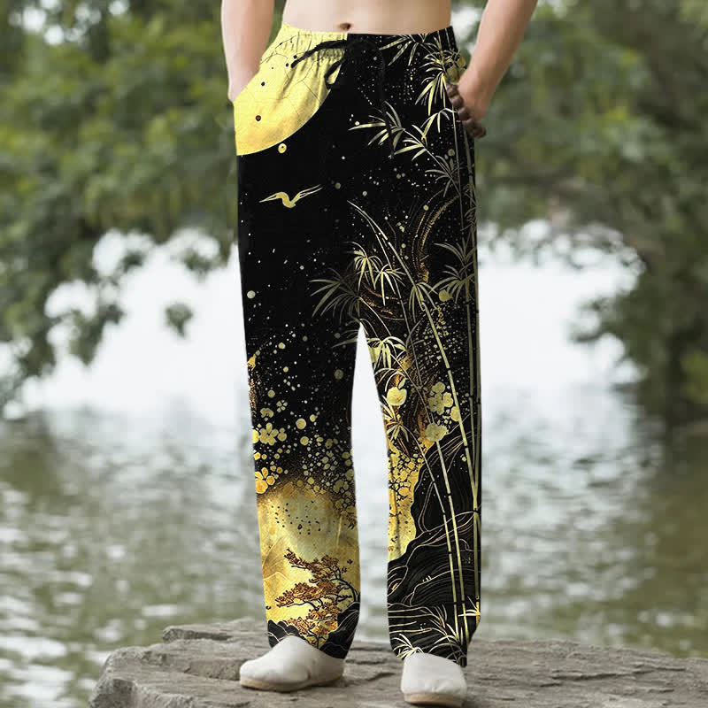 Nimara Ritual Cotton Golden Moon Bamboo Pattern Men's Tapered Pants With Pockets