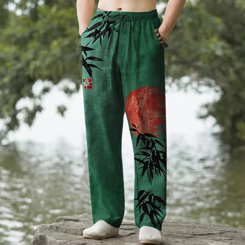 Nimara Ritual Cotton Ink Bamboo Sun Pattern Men's Tapered Pants With Pockets