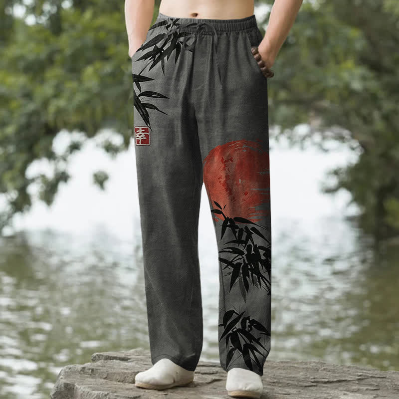 Nimara Ritual Cotton Ink Bamboo Sun Pattern Men's Tapered Pants With Pockets