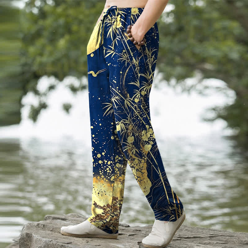 Nimara Ritual Cotton Golden Moon Bamboo Pattern Men's Tapered Pants With Pockets