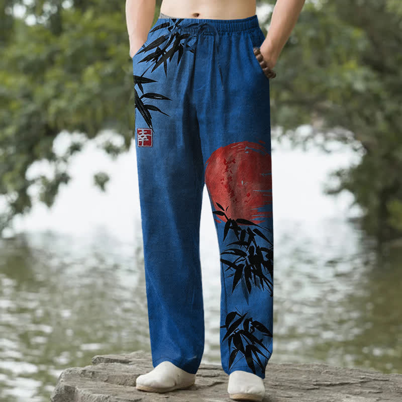Nimara Ritual Cotton Ink Bamboo Sun Pattern Men's Tapered Pants With Pockets