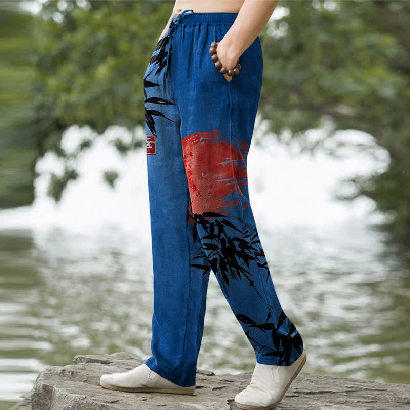 Nimara Ritual Cotton Ink Bamboo Sun Pattern Men's Tapered Pants With Pockets