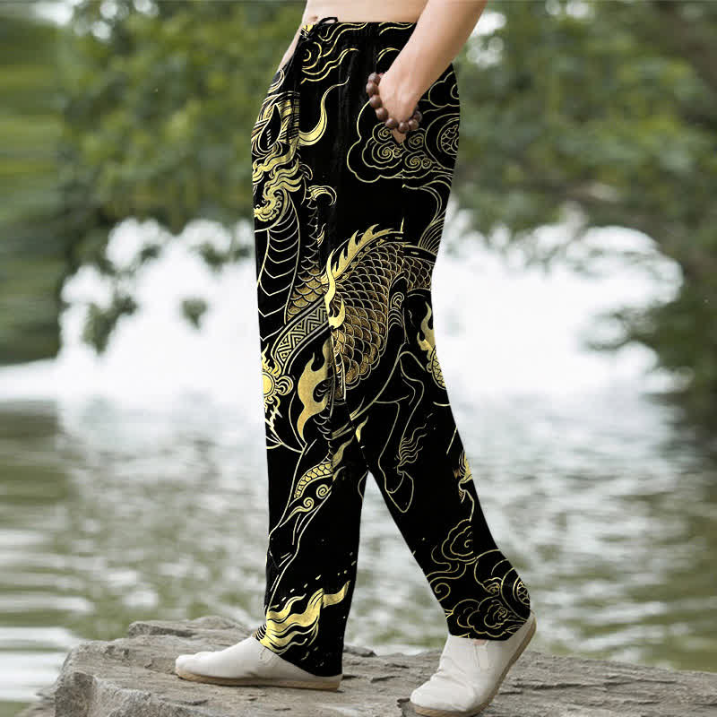 Nimara Ritual Cotton Golden Dragon Auspicious Clouds Pattern Men's Tapered Pants With Pockets