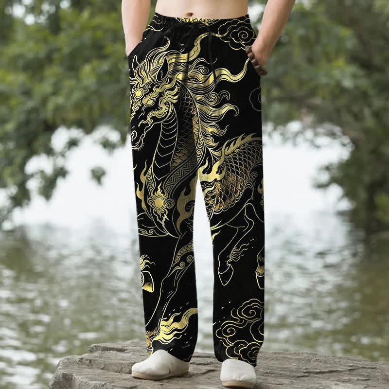 Nimara Ritual Cotton Golden Dragon Auspicious Clouds Pattern Men's Tapered Pants With Pockets