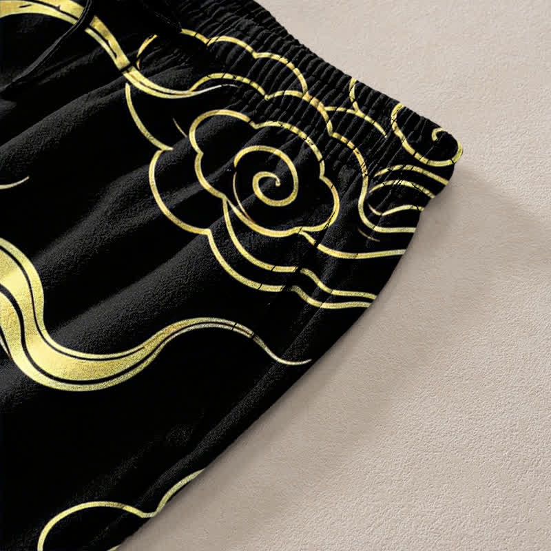 Nimara Ritual Cotton Golden Dragon Auspicious Clouds Pattern Men's Tapered Pants With Pockets