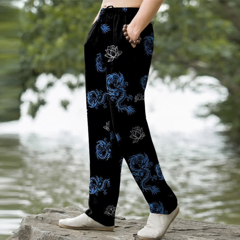 Nimara Ritual Cotton Dragon Lotus Pattern Men's Tapered Pants With Pockets