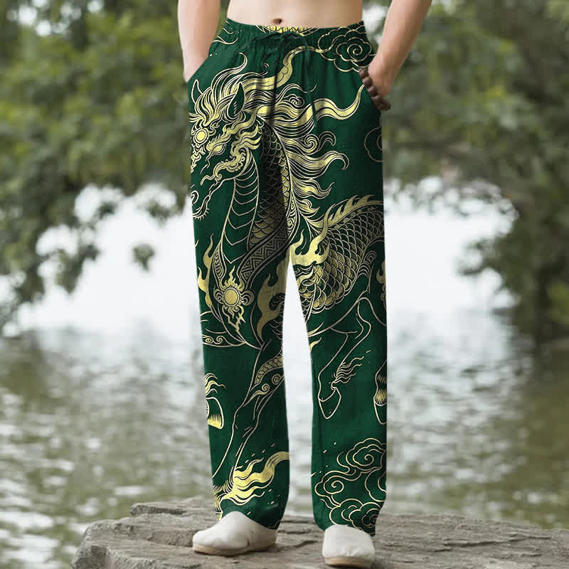 Nimara Ritual Cotton Golden Dragon Auspicious Clouds Pattern Men's Tapered Pants With Pockets